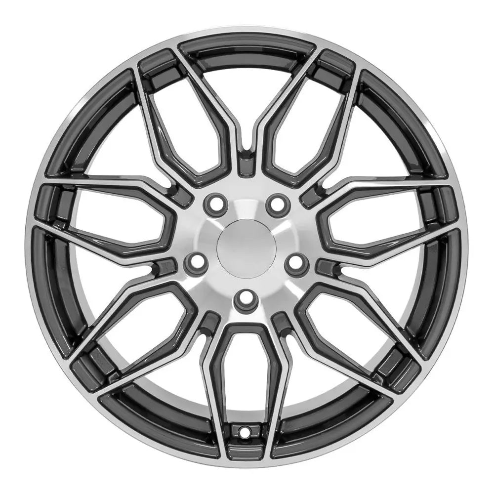 Front view of a 18x8.5 Machined Gunmetal wheel replacement for Chevy Corvette replica rim 9511113