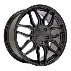 Angle view of a 19x8.5 Gloss Black wheel replacement for Chevy Corvette replica rim 9511117
