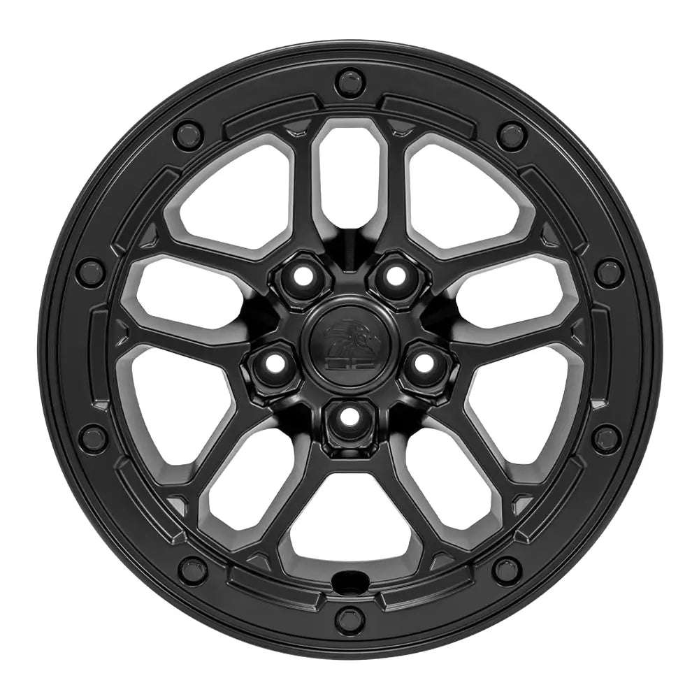Front view of a 17x8 Black wheel replacement for Jeep Wrangler replica rim 9511041