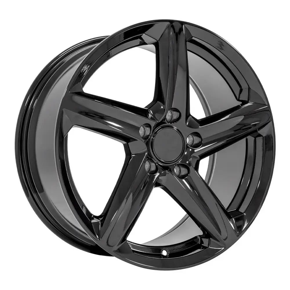 Angle view of an 18x8.5 Gloss Black wheel replacement for Chevy Corvette replica rim 9511103