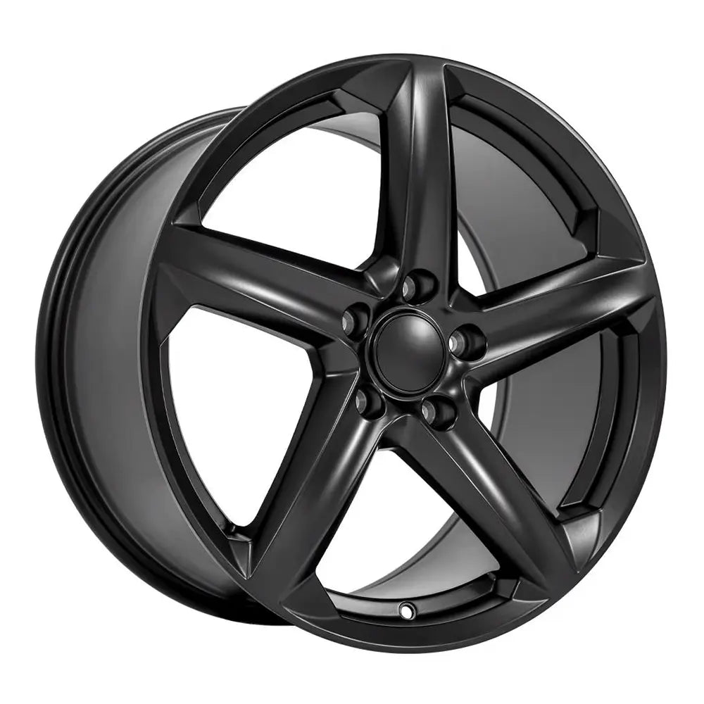 Angle view of a 19x10 matte Satin Black wheel replacement for Chevy Corvette replica rim 9511106