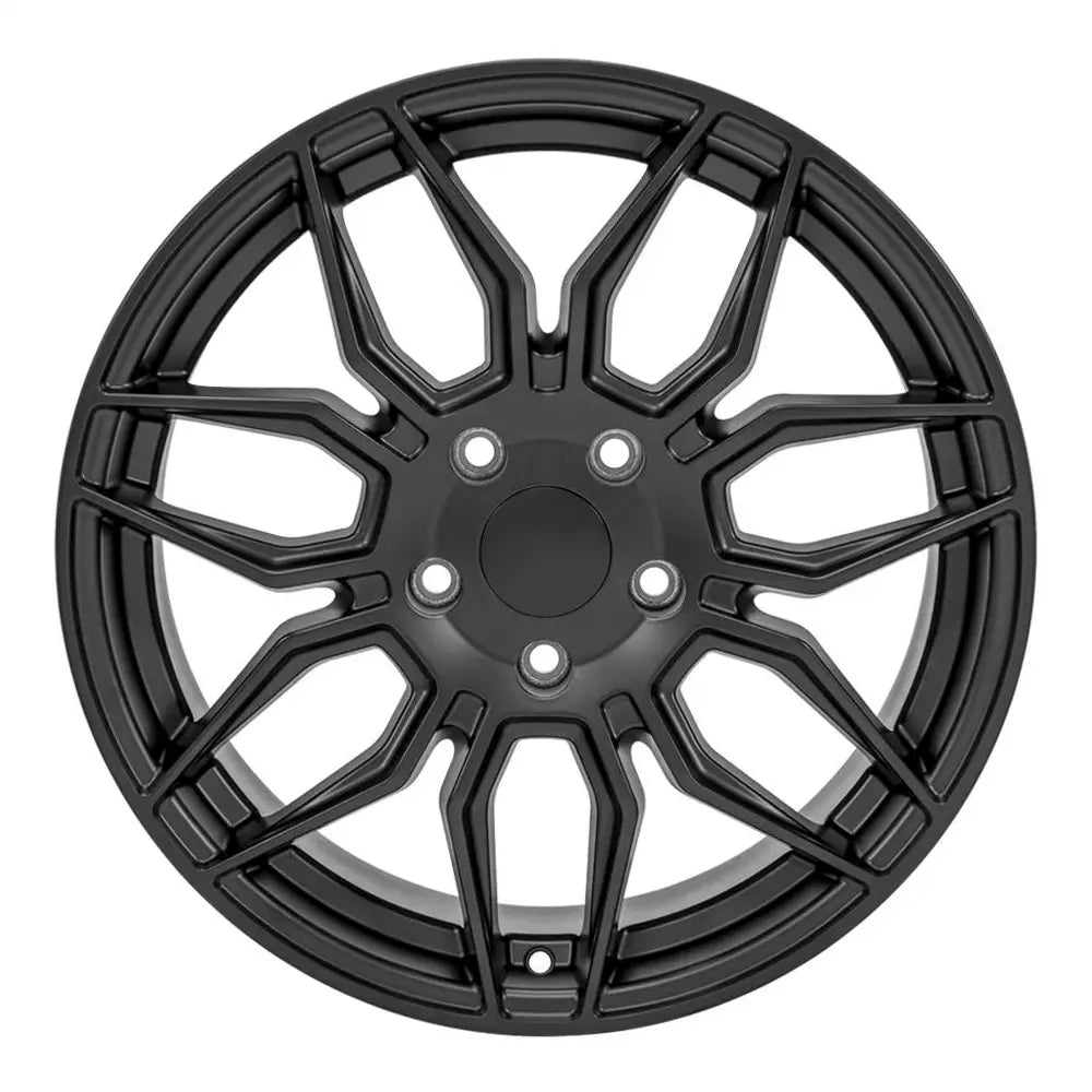 Front view of an 18x8.5 Satin Black wheel replacement for Chevy Corvette replica rim 9511112