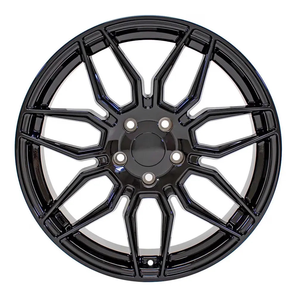 Front view of a 19x8.5 Gloss Black wheel replacement for Chevy Corvette replica rim 9511117