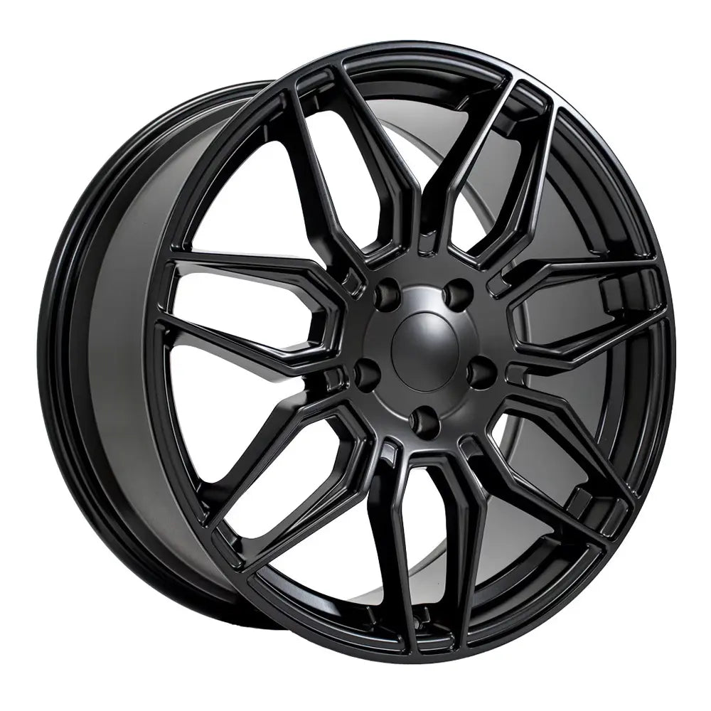 Angle view of a 19x8.5 Matte Satin Black wheel replacement for Chevy Corvette replica rim 9511118