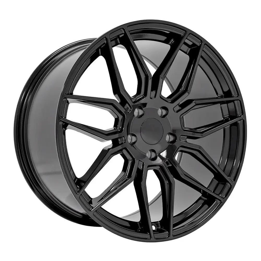 Angle view of a 20x11 Gloss Black wheel replacement for Chevy Corvette replica rim 9511120