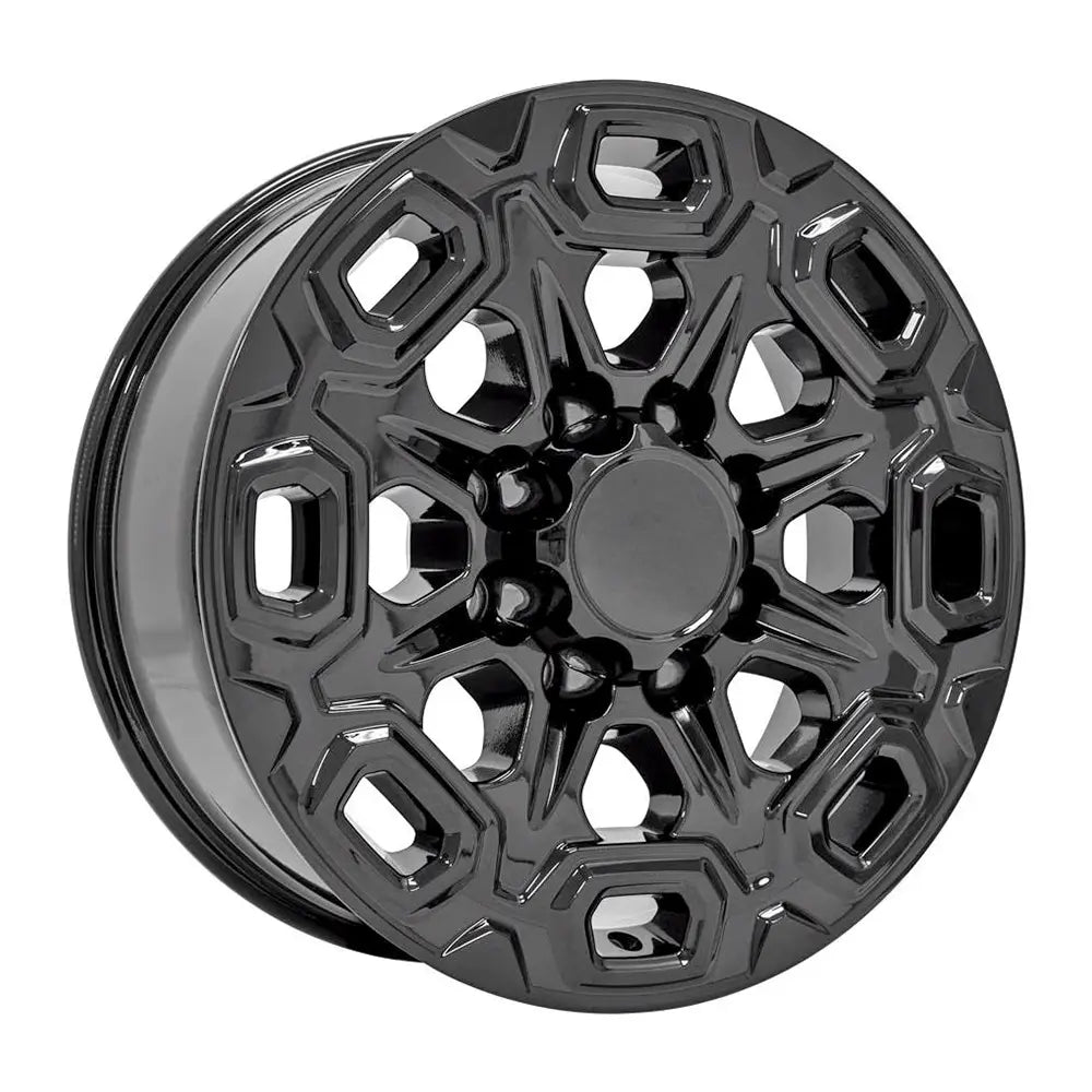 Angle view of a 20x8.5 Gloss Black wheel replacement for Chevy Silverado 2500 3500 replica rim 9511096