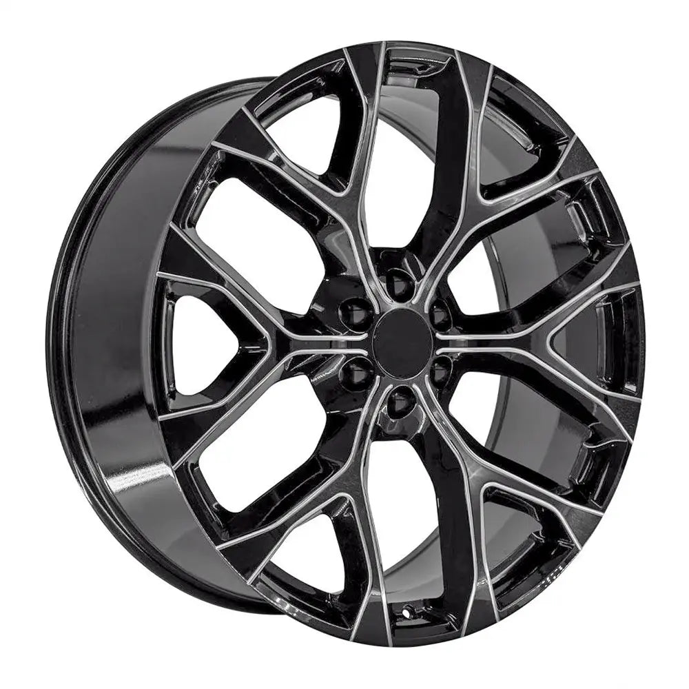Angle view of a 26x10 Machined Milled Black wheel replacement for Chevy Trucks replica rim 9511055