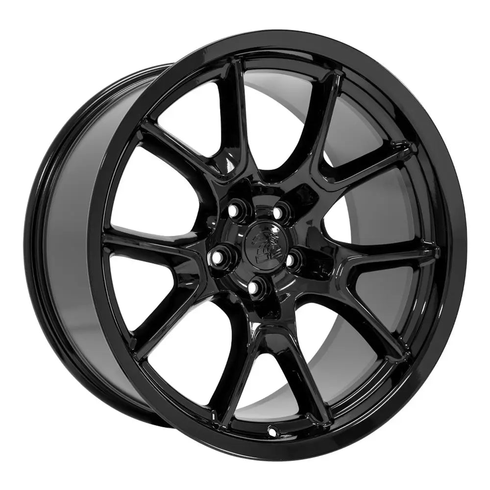 Angle view of a 20x10 Black wheel replacement for Dodge Challenger replica rim 9511067