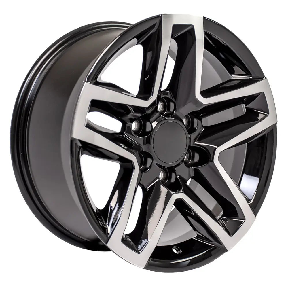 Angle view of a 18x8.5 Machined Black wheel replacement for Chevy Silverado replica rim 9510944