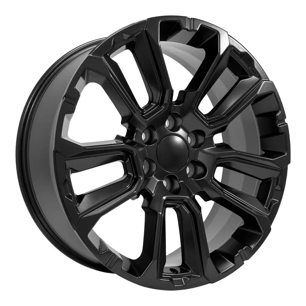 Angle view of a 22x9 Satin Black wheel replacement for Chevy Suburban replica rim 9510996