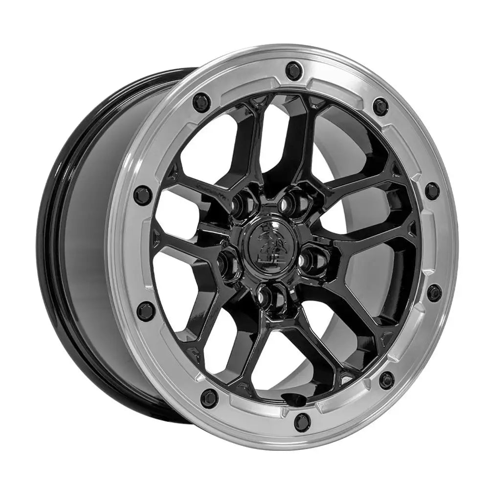 Angle view of a 17x8 Machined Black wheel replacement for Jeep Wrangler replica rim 9511042